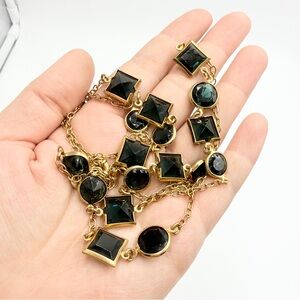 J.Crew Long Gold Tone Necklace – Dark Green Faceted Glass Station Chain